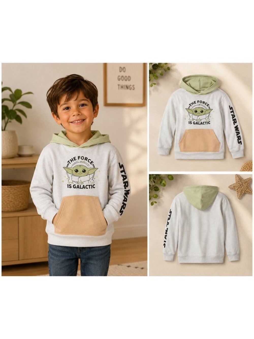 Star Wars Grogu Baby Yoda Boys Pullover Hoodie Green Hood Tan Pocket XS